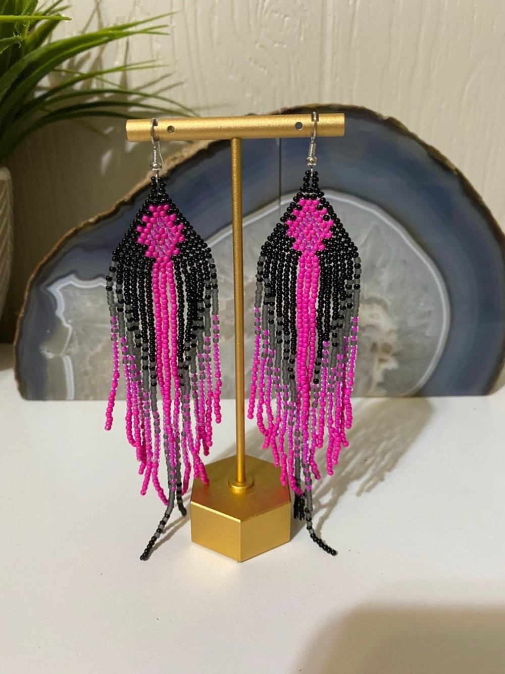 Bold Pink & Black Beaded Fringe Earrings - Handmade Statement